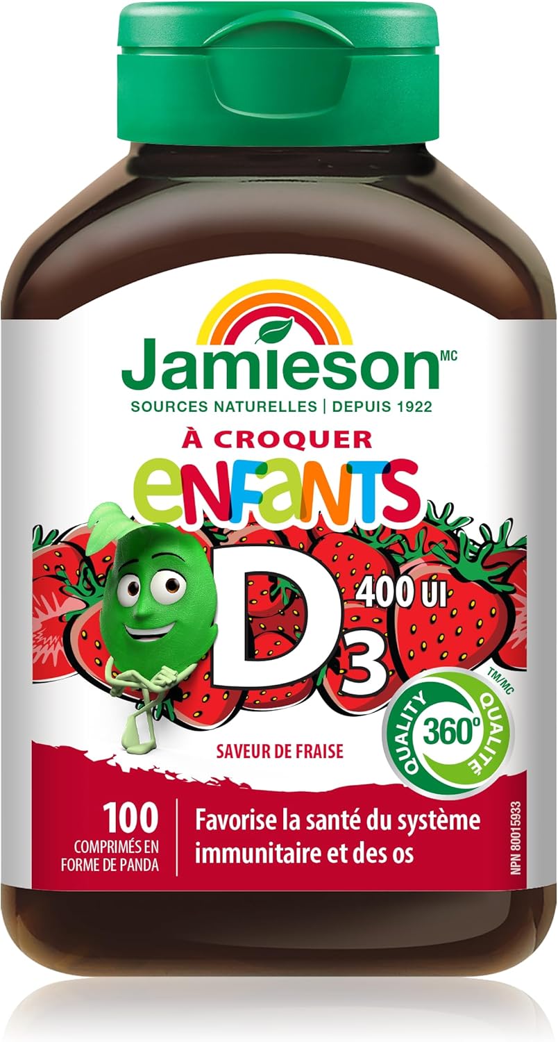 Jamieson 儿童咀嚼片维生素 D3 400 国际单位,草莓味,支持骨骼和牙齿健康发育,增强免疫力。素食,无麸质,不含人工色素、香精或防腐剂,100 粒装
