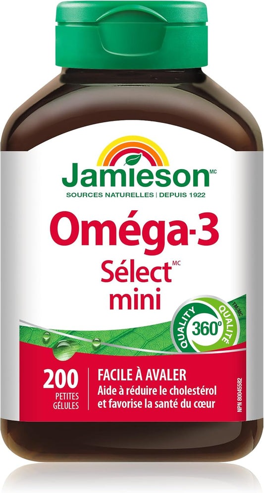 Jamieson Omega-3 精選迷你軟膠囊,易於吞嚥,可支持大腦和心臟健康,並有助於降低膽固醇。富含 EPA 和 DHA,非基因改造,無麩質,200 粒裝,加拿大製造