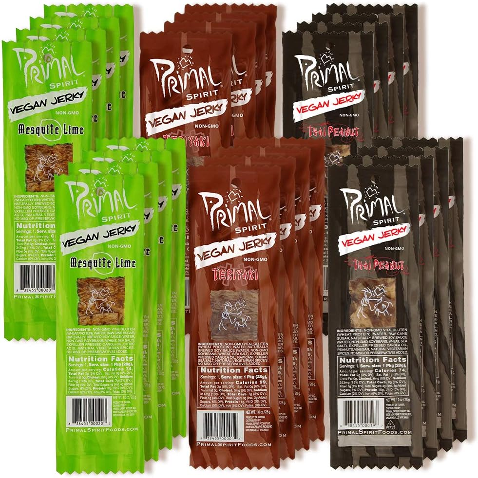 Primal Spirit 纯素肉干 - 面筋能量包,10 克。植物蛋白,经非转基因认证,不含防腐剂(“经典款”照烧味、泰式花生味和牧豆树青柠味,24 包,1 盎司)