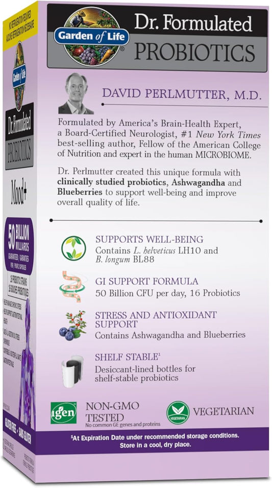 生命花园 – Dr. Formulated 益生菌情绪+ | 管理消化健康和慢性压力症状 | 500亿菌落形成单位 + 16种益生菌菌株 | 包含南非醉茄和蓝莓