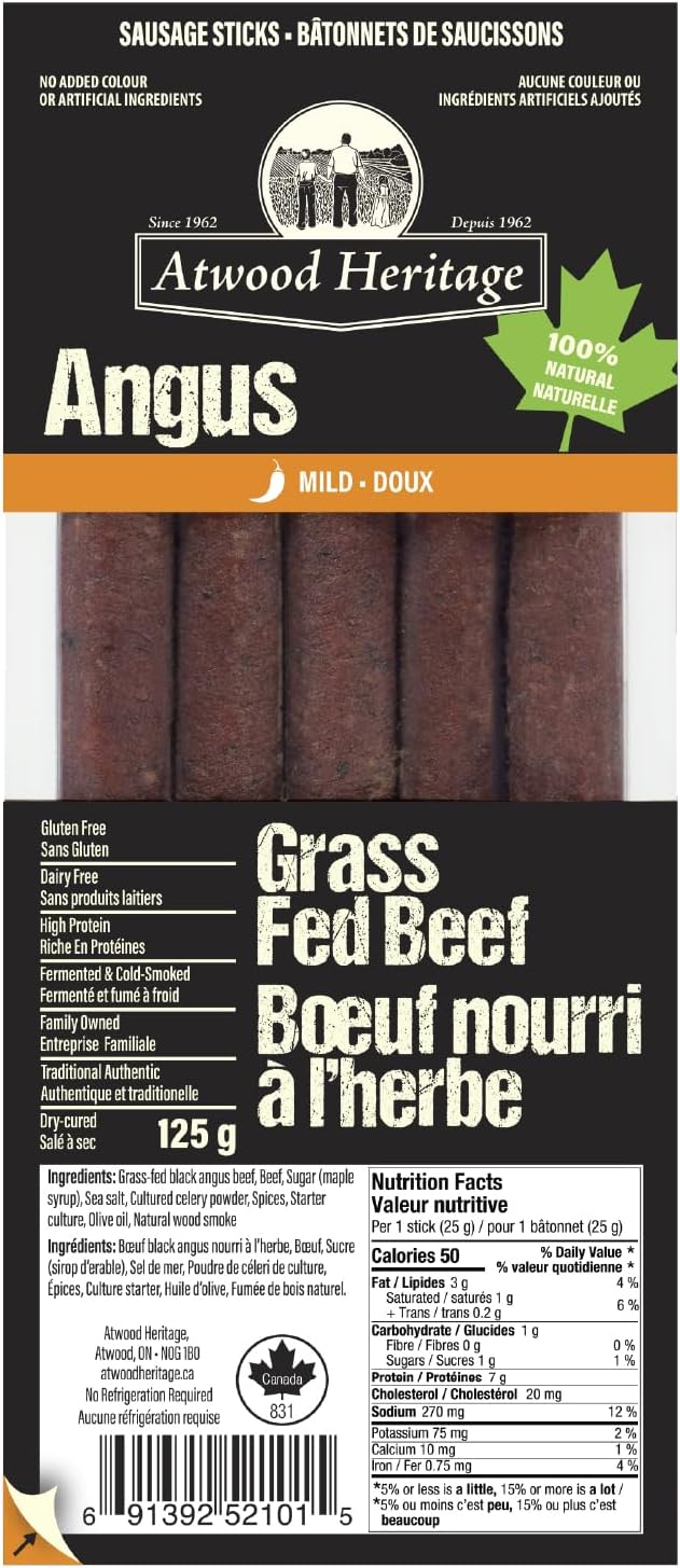 Atwood Heritage 草飼牛肉零食棒,口味溫和,5 根,125 克,高蛋白,無麩質,無硝酸鹽,加拿大製造