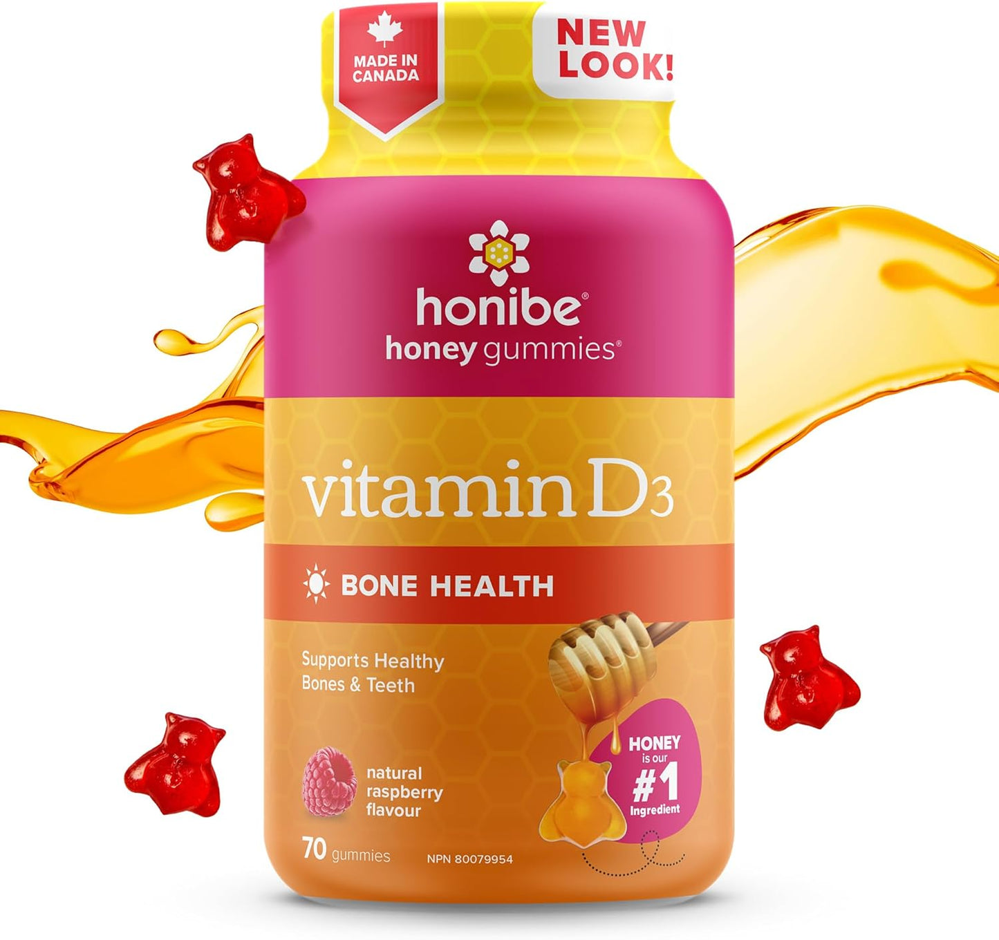 Honibe 維生素 D 軟糖,適合兒童和成人 | 加拿大製造的蜂蜜維生素 | 維生素 D3 有助於支持骨骼健康、情緒和免疫系統功能 | 素食咀嚼維生素 D 補充劑 | 70 粒軟糖