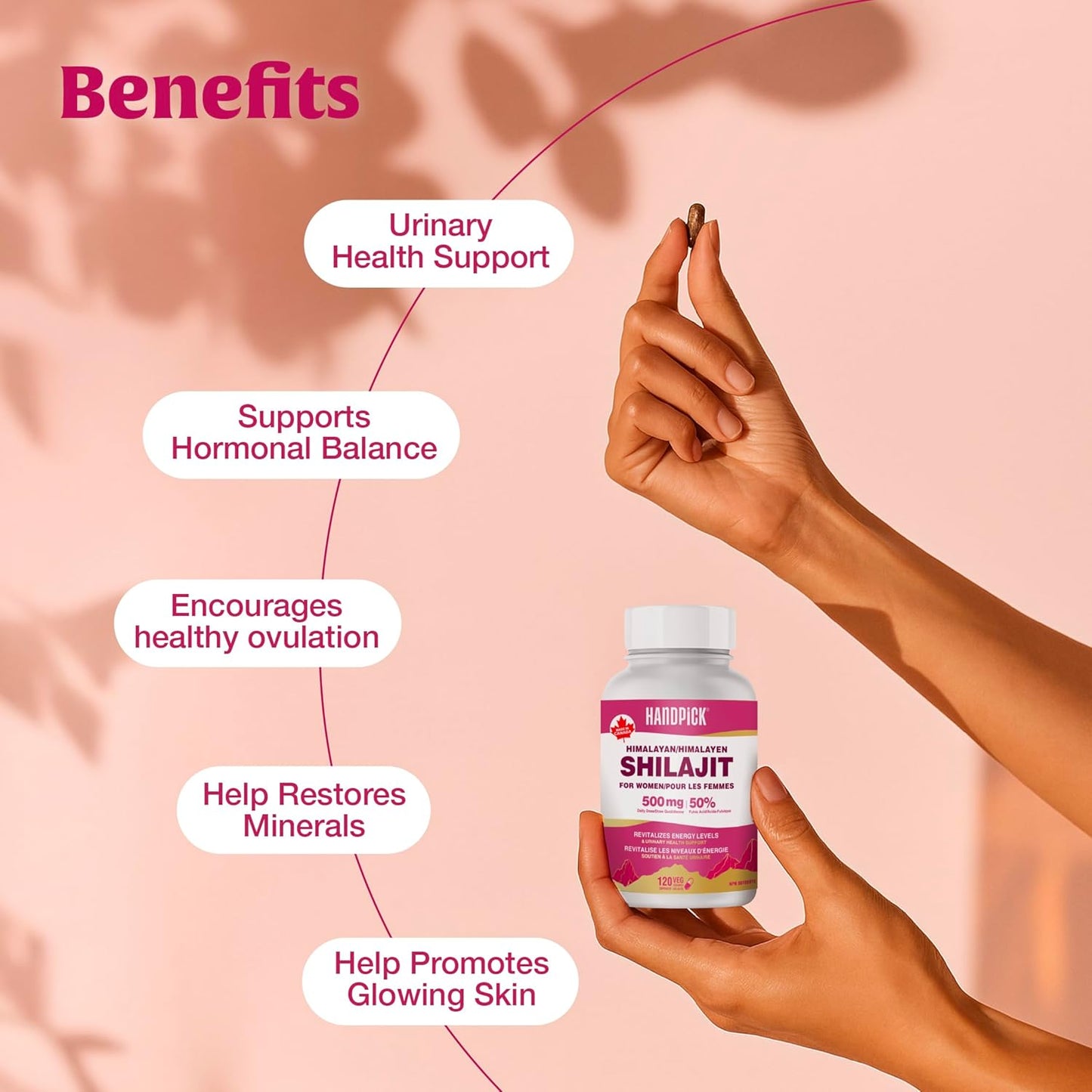 HANDPICK Shilajit Capsules for Women | 500mg per Serving with 50% Fulvic Acid, 120 Easy to Swallow Capsules | Pure Himalayan Shilajit for Women | Revitalize Energy Levels | Made in Canada