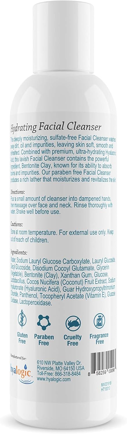 HA Face Wash, Hyaluronic Acid Facial Cleanser – Moisturizing, Paraben-Free Daily Face Scrub with Bentonite Clay – Get Youthful, Glowing Skin Naturally! (8 oz.) by Hyalogic