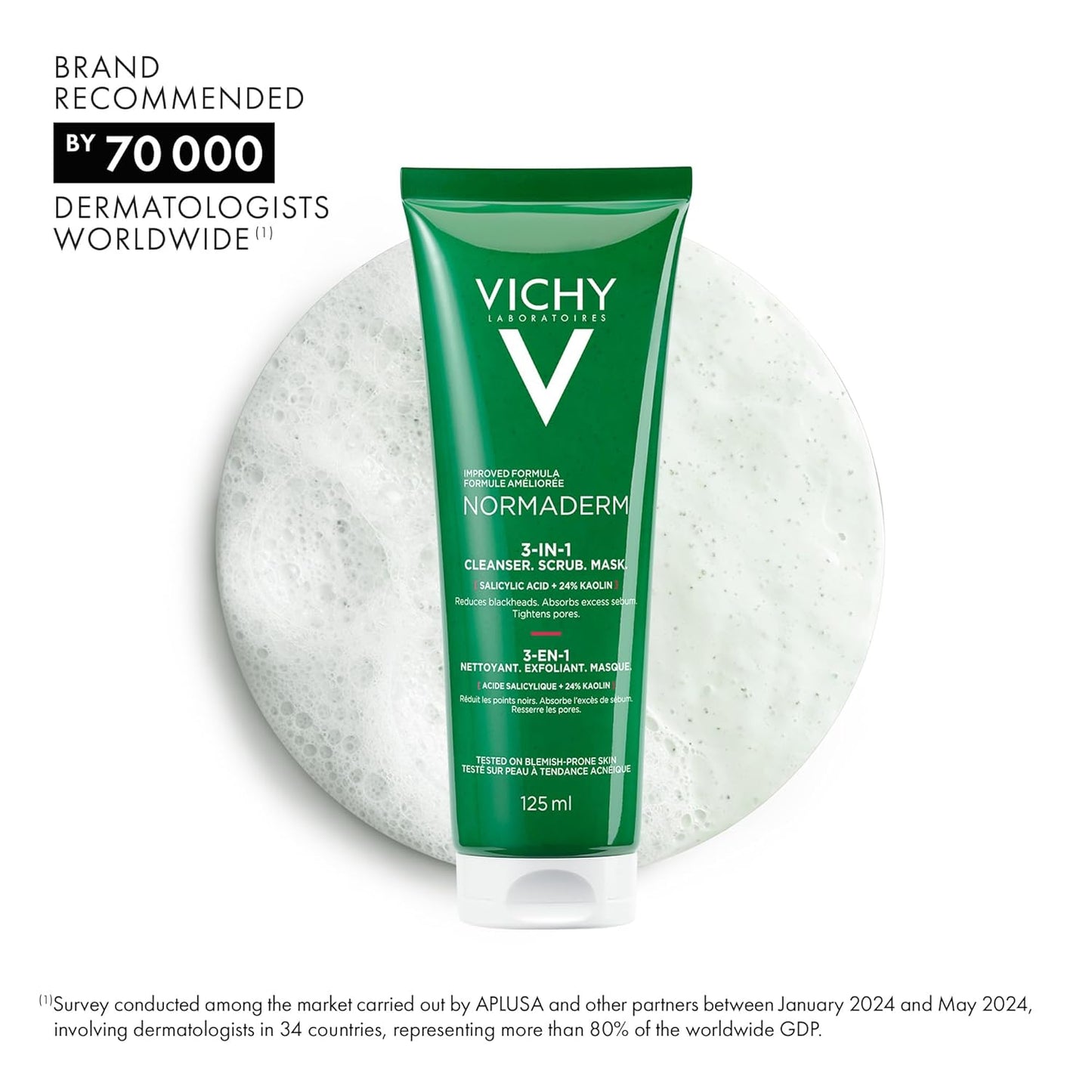 Vichy Normaderm 三合一去角质磨砂膏、洁面乳和护肤面膜。适用于油性肌肤和敏感性肌肤,含水杨酸和乙醇酸,125毫升