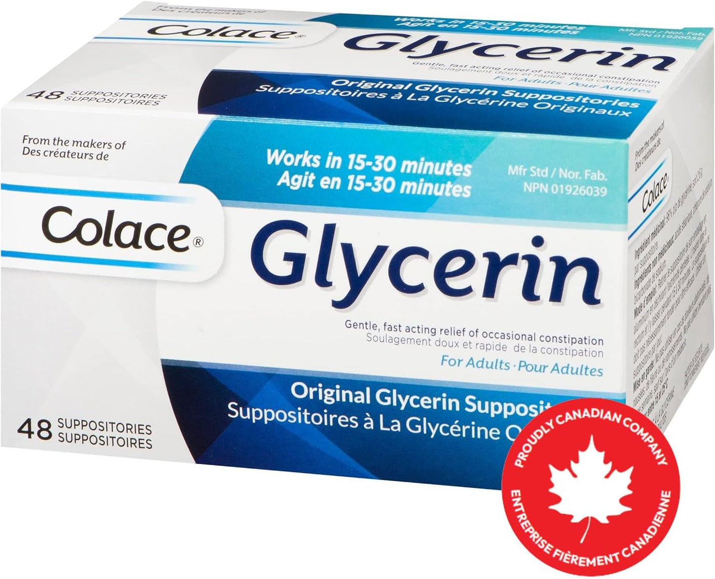 Colace 甘油栓 - 成人 | 温和快速缓解偶发性便秘 | 48 粒