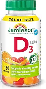 Jamieson Vitamin D3 1,000 IU Gummies, Orange, Lemon, and Strawberry Flavours, Supports Immune Health, Strong Bones and Teeth. Vegetarian, Non-GMO, Gluten-Free, No Artificial Flavours or Colours, 130 Count Proudly Canadian
