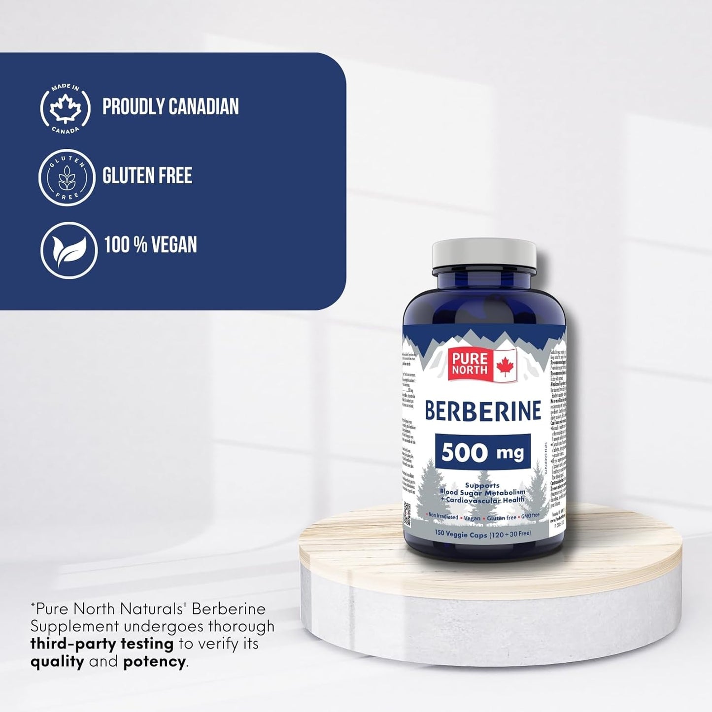 Pure North Naturals - 小蘗鹼 500 毫克,150 粒素食膠囊,75 天用量 - 支持血糖代謝 + 心血管健康和腸道健康 - 經第三方測試 - 加拿大配製和製造