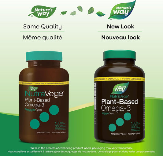 Nature's Way NutraVege Plant-Based Omega-3 VeggieGels – Vegan-Friendly Omega-3 Supplement with 300mg DHA + 150mg EPA – Fresh Mint Flavour – Support Heart, Eyes and Brain Function in Adults, 75 Softgels Value Size