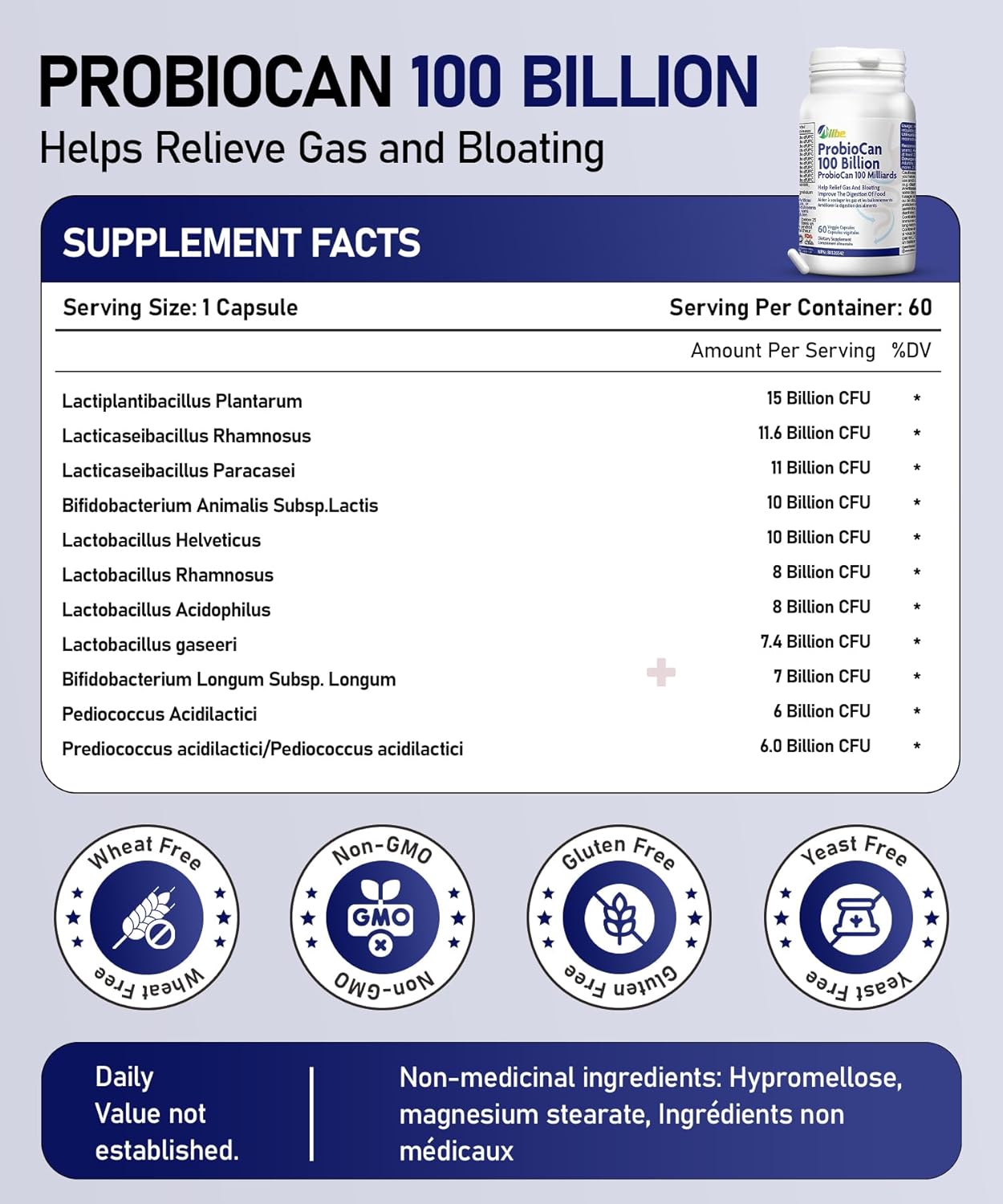 ALLBE ProbioCan 1000 亿 CFU - 含 11 种菌株的男性和女性每日益生菌 - 嗜酸乳杆菌和加氏乳杆菌 - 肠道健康和缓解腹胀 - 保质期长、纯素、非转基因 60 粒胶囊