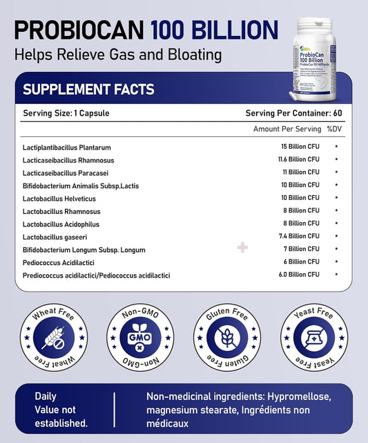 ALLBE ProbioCan 1000 亿 CFU - 含 11 种菌株的男性和女性每日益生菌 - 嗜酸乳杆菌和加氏乳杆菌 - 肠道健康和缓解腹胀 - 保质期长、纯素、非转基因 60 粒胶囊