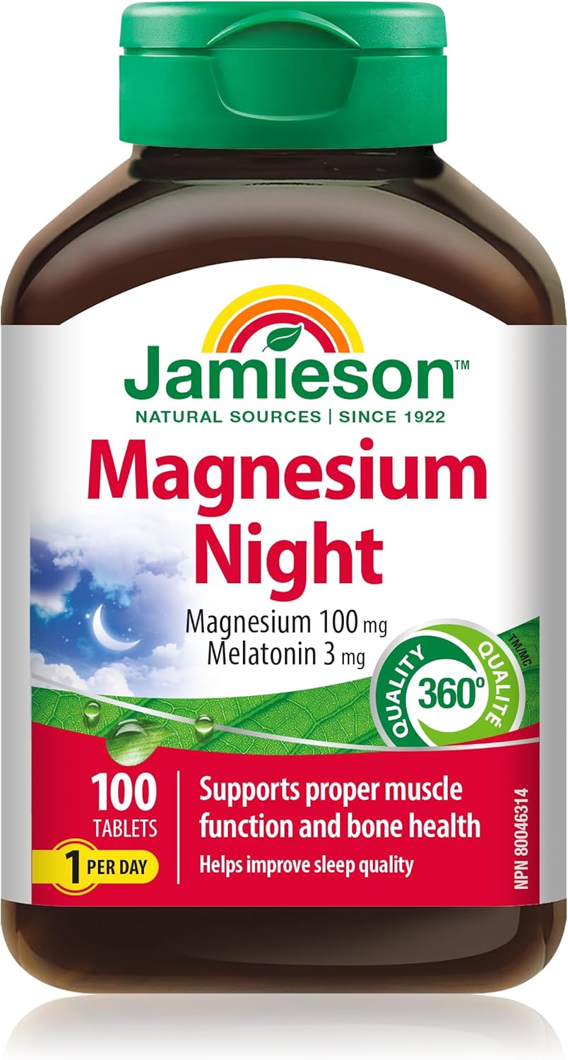 Jamieson 鎂片夜用片,含 100 毫克鎂和 3 毫克褪黑素,吸收率高,有助於改善睡眠質量,支持骨骼健康和肌肉功能。每日一片,素食,非基因改造,無麩質,100 克…