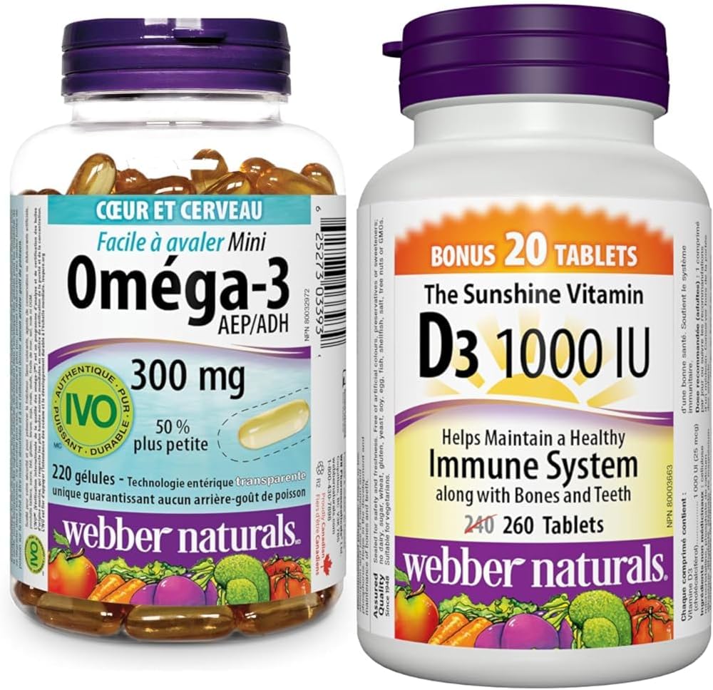 Webber Naturals Omega-3 300 毫克迷你装,220 粒透明肠溶无鱼腥味迷你软胶囊和维生素 D3 1000 IU,260 片,有助于骨骼和牙齿健康,维持身体健康