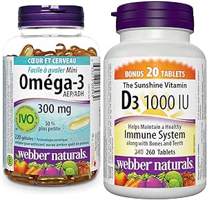 Webber Naturals Omega-3 300 mg Mini, 220 Clear Enteric No Fishy Aftertaste Mini Softgels & Vitamin D3 1000 IU, 260 Tablets, For Healthy Bones, Teeth, and the Maintenance of Good Health