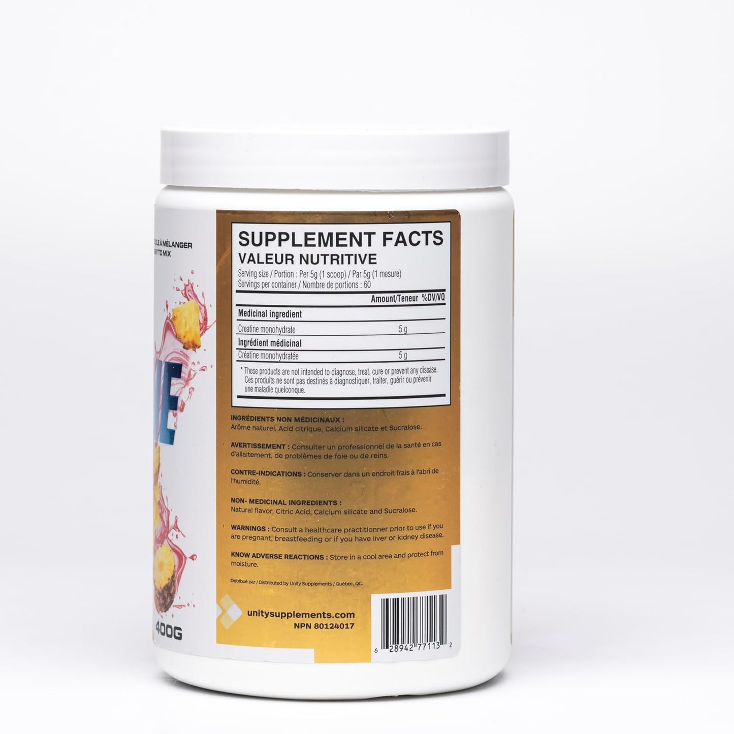 Unity Supplements 調味肌酸一水合物粉 - 促進肌肉生長、恢復、力量和性能 - 5 克純肌酸 - 60 份(400 克) - 易混合配方(菠蘿味)