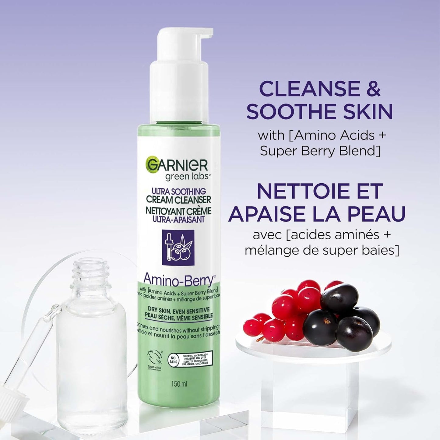 Garnier Green Labs Amino-Berry Soft Gentle Facial Cream Cleanser Hydrates and Soothes Skin, 150 mL