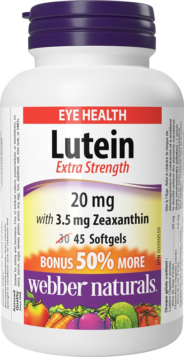 Webber Naturals 叶黄素 20 毫克,含玉米黄质,强效,45 粒软胶囊,支持眼部健康