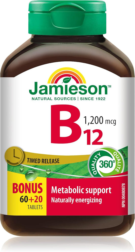 Jamieson 维生素 B12 甲钴胺 1200 微克片,缓释,快速起效,天然补充能量,促进新陈代谢。素食,非转基因,无麸质,80 片,加拿大制造
