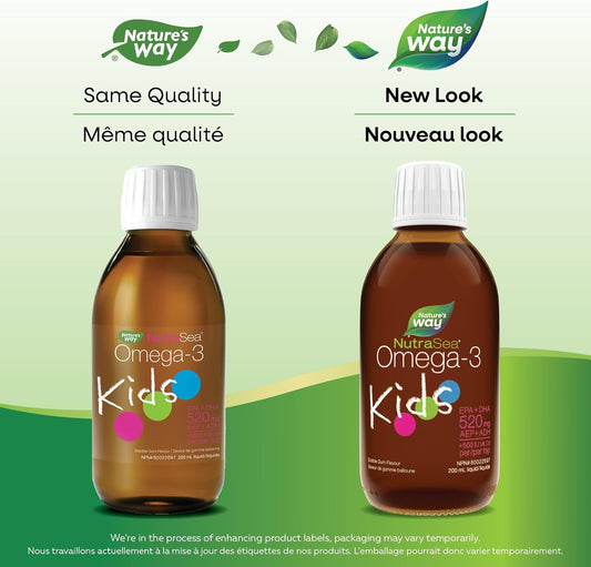 Nature's Way NutraSea Kids Omega-3 and Vitamin D Supplement – Bubblegum Flavour Fish Oil with EPA, DHA and GLA – Support Brain & Eyes Development and Help Build Strong Bones and Teeth - 200 ml Liquid