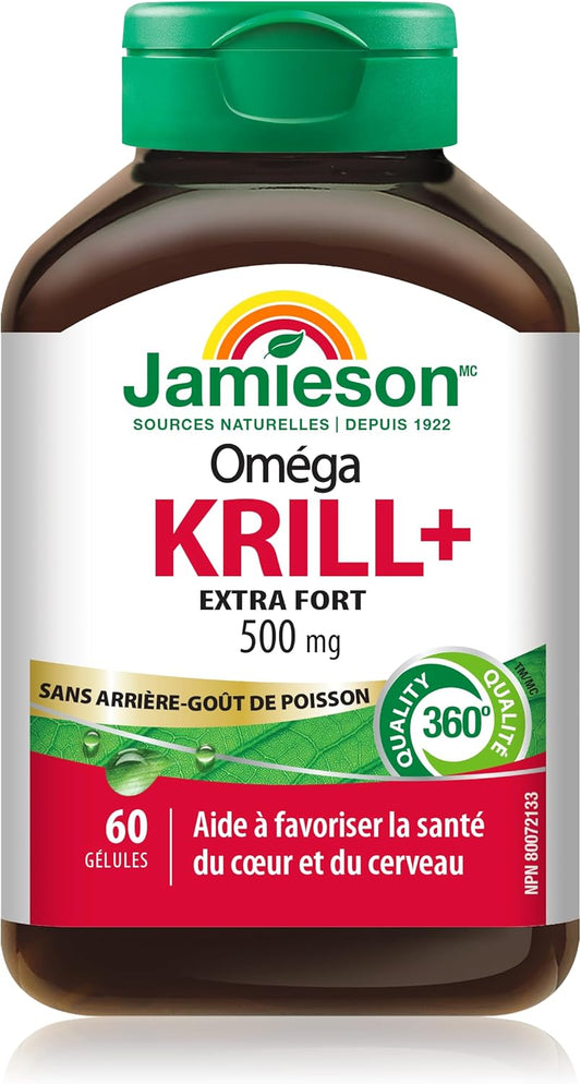 Jamieson Omega Krill Plus 500毫克軟膠囊,無魚腥味,富含EPA、DHA、磷脂質和蝦紅素。支持心臟健康和大腦健康,非基因改造,無麩質,60粒,加拿大製造
