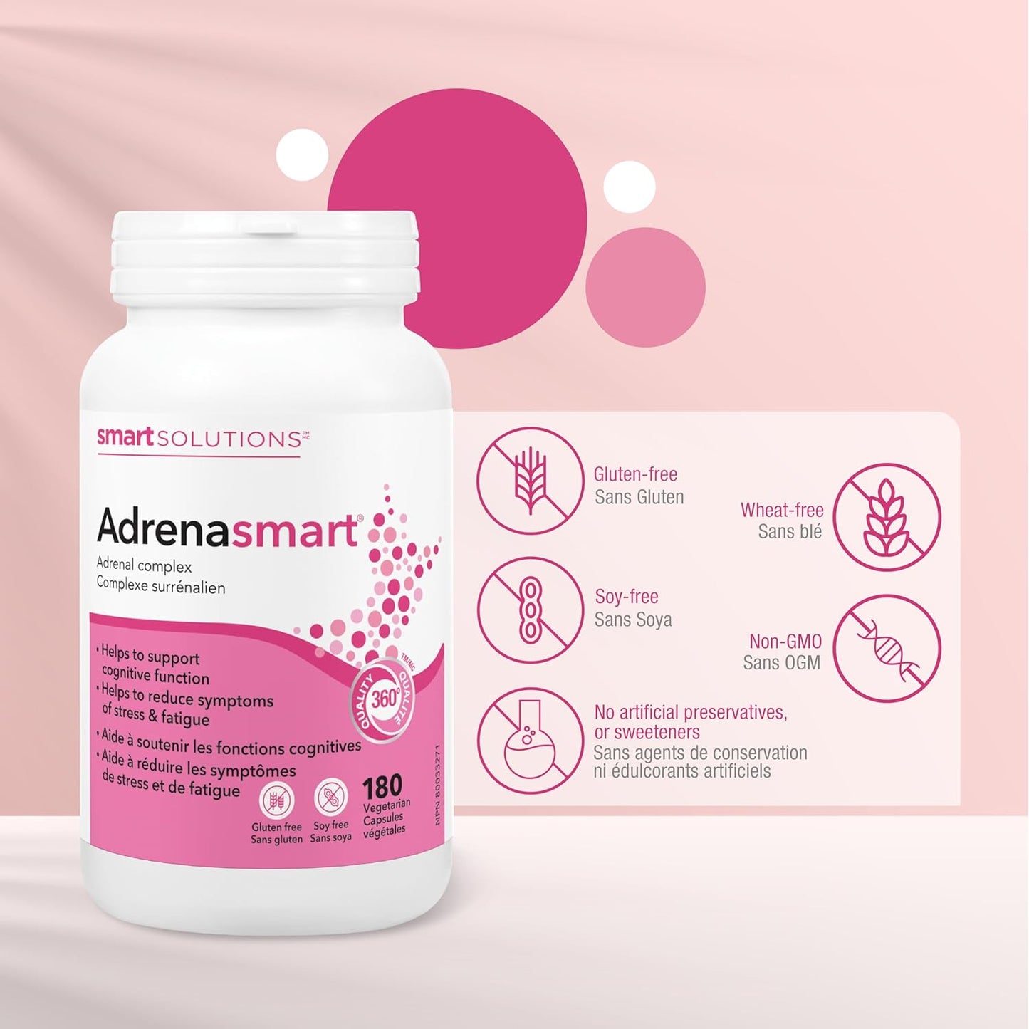 Smart Solutions Adrenasmart 素食膠囊,緩解壓力症狀,增強認知耐力和功能,並減輕疲勞。含 100 毫克紅景天,不含麩質、大豆、人工防腐劑或甜味劑…