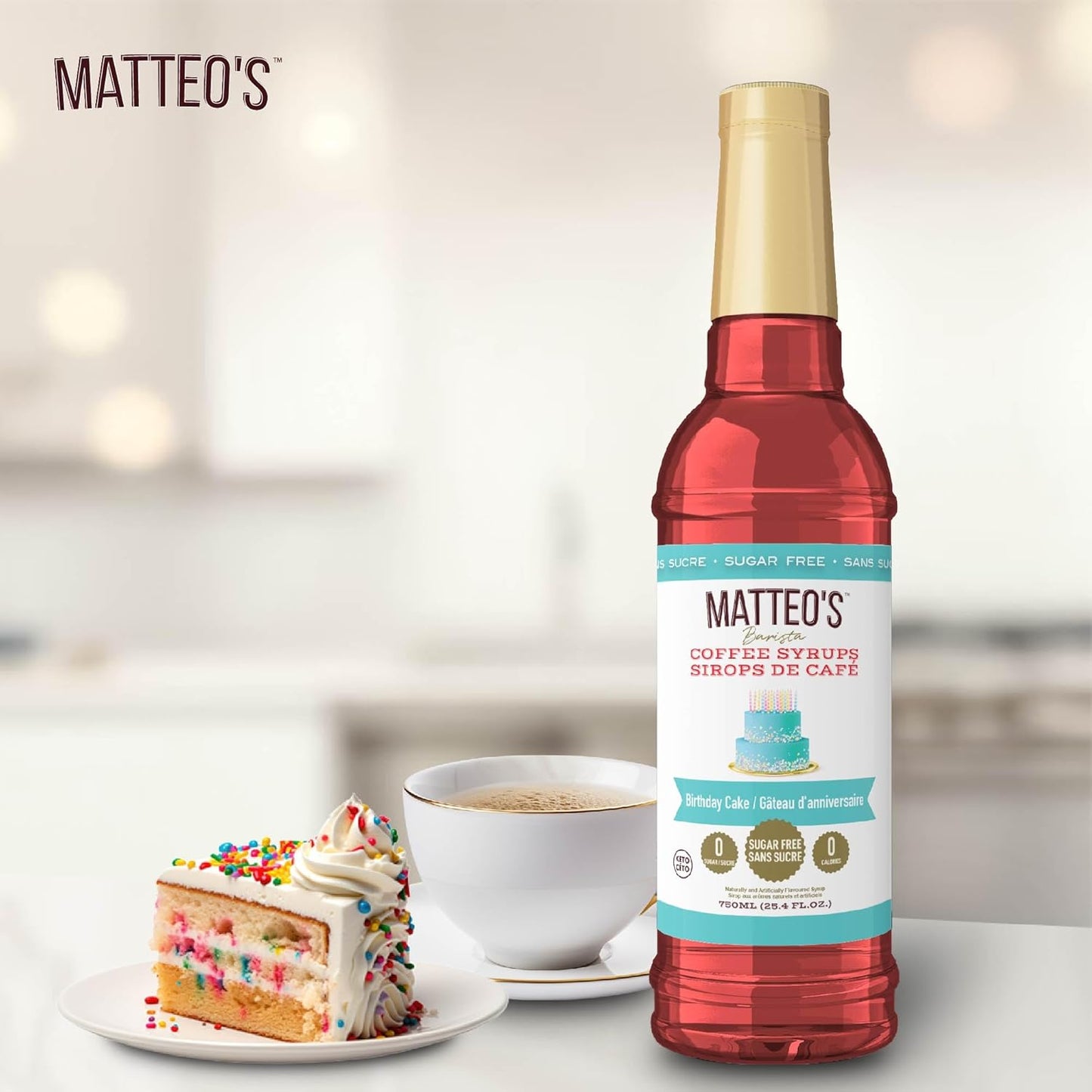 Matteo's Barista 风格无糖咖啡糖浆,生日蛋糕口味,零卡路里和糖,适合生酮饮食,非常适合拿铁、卡布奇诺、浓缩咖啡、美式咖啡,口感浓郁,25.4 盎司 1 包