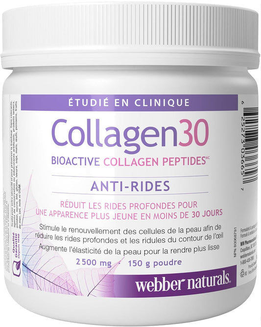 Webber Naturals Collagen30 抗皺粉,每份含 2,500 毫克生物活性膠原蛋白勝肽,150 克,有助於減少深層皺紋、細紋並刺激皮膚細胞