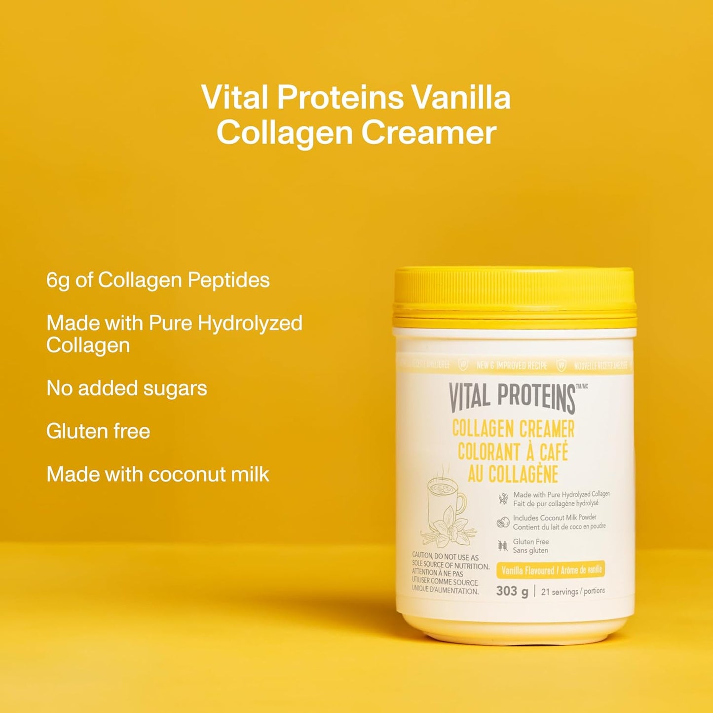 VITAL PROTEINS 胶原蛋白奶精,香草味,帮助身体形成胶原蛋白,每份含 6 克牛胶原蛋白肽,不添加糖,无麸质,犹太洁食认证,原始人饮食法友好,303 克