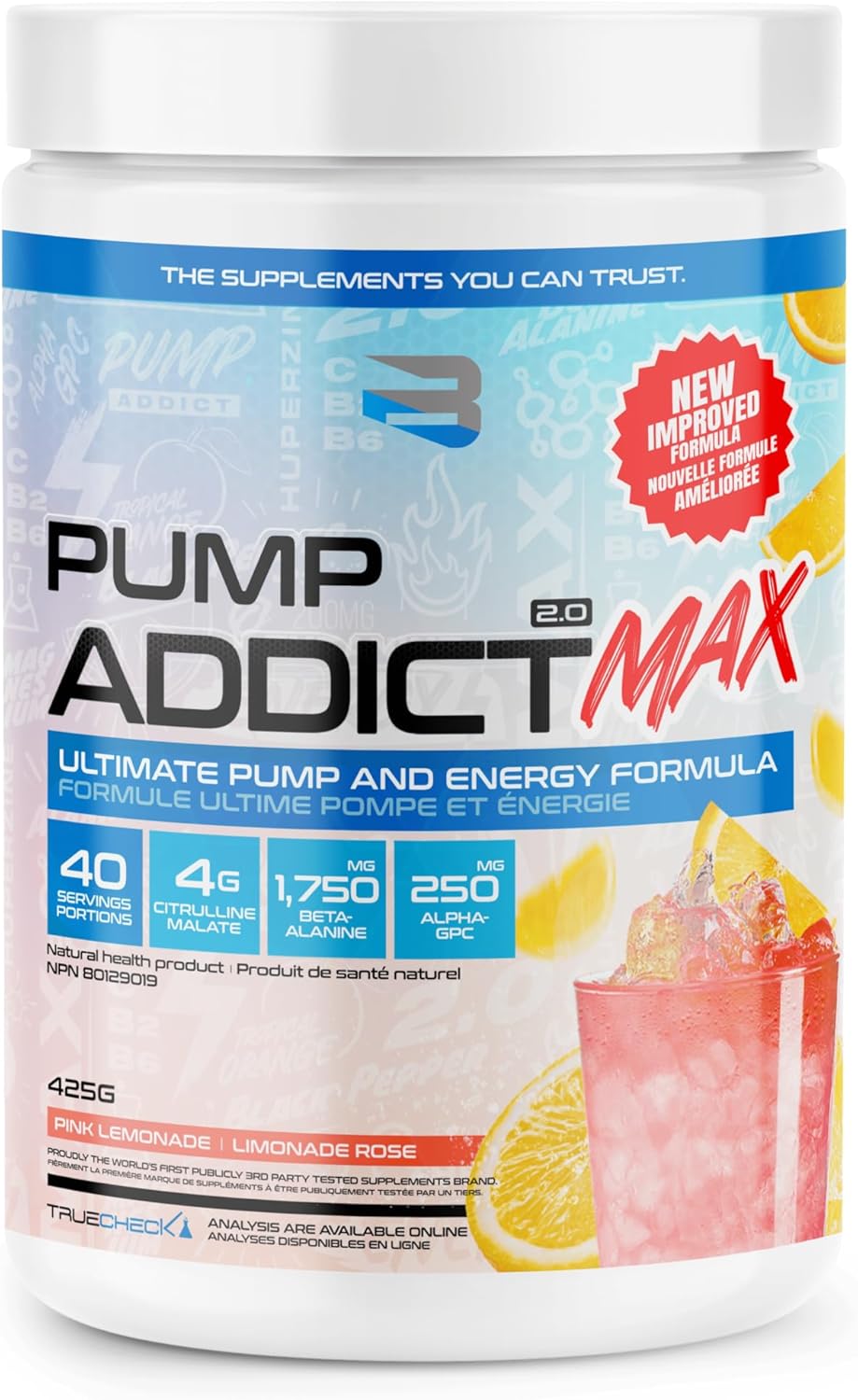 Believe Supplements - Pump Addict Max 锻炼前粉末 - 增强能量、注意力和耐力(425 克,粉红柠檬水)