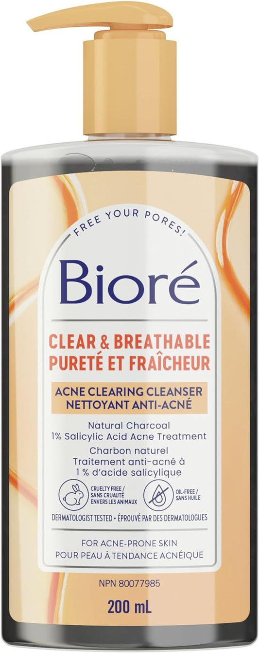Bioré Clear & Breathable Charcoal Acne Clearing Cleanser, Salicylic Acid Facial Wash for Oily, Acne Prone Skin (200 mL) | Made in Canada