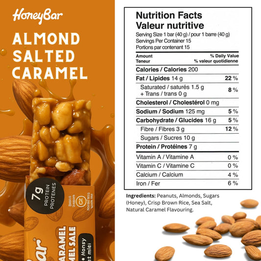 HoneyBar Snack Bars, Almond Salted Caramel, Gluten-Free, Non-GMO, Vegetarian, 40 g Bars, Almond Salted Caramel, 5 Count