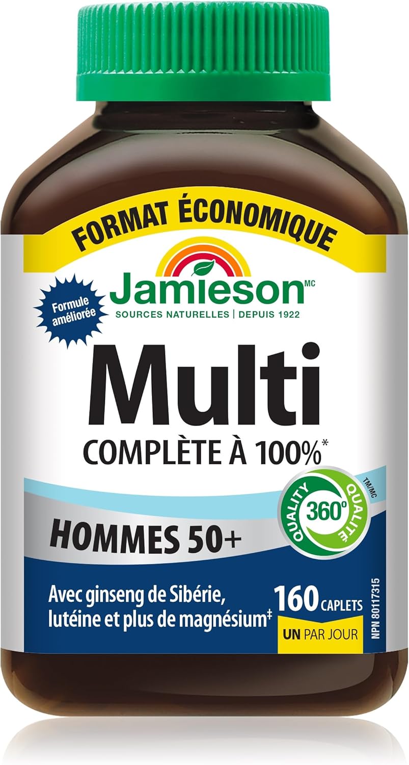 Jamieson 100% 複合維生素,適合 50 歲以上男性,含西伯利亞人參、葉黃素和更多鎂元素。支持免疫力、能量、整體健康、眼部護理和骨骼健康,無麩質,每日一片,160 粒膠囊