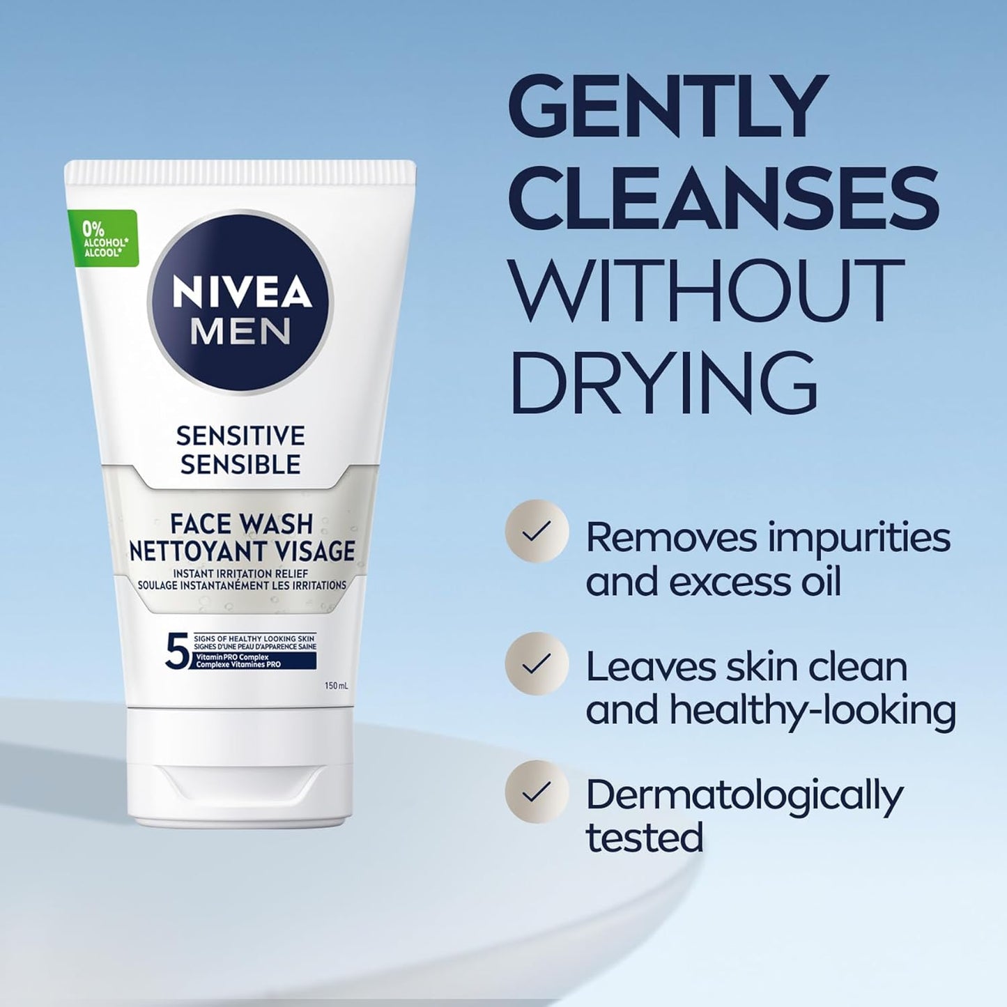 NIVEA MEN Sensitive Skin Face Wash, Soap-Free Gentle Face Cleanser with Chamomile and Vitamin E, Men's Face Wash for Sensitive Skin, No Drying Alcohol, Dermatologically-Tested Skin Care, 150mL