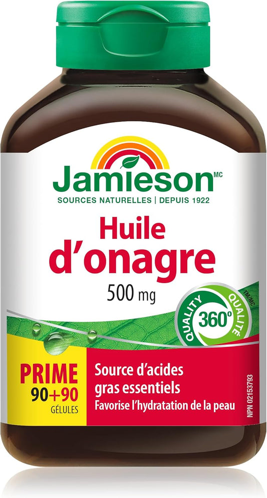 Jamieson Evening Primrose Oil 500 mg with Vitamin E, Omega-6, Supports Skin Hydration, Skin Smoothness, Reduces Acne Symptoms, and Provides Ezcema Symptom Support. Non-GMO, Gluten-Free, 180 Softgels, Proudly Canadian