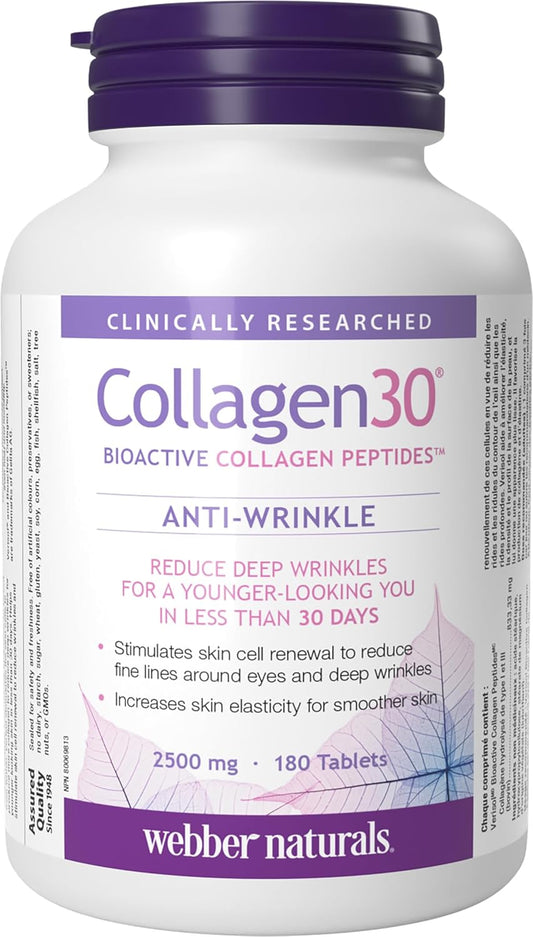 Webber Naturals Collagen30 抗皺片,每份含 2,500 毫克生物活性膠原蛋白勝肽,180 片,有助於減少深層皺紋、細紋並刺激皮膚細胞