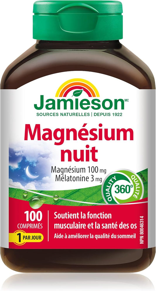 Jamieson 鎂片夜用片,含 100 毫克鎂和 3 毫克褪黑素,吸收率高,有助於改善睡眠質量,支持骨骼健康和肌肉功能。每日一片,素食,非基因改造,無麩質,100 克…