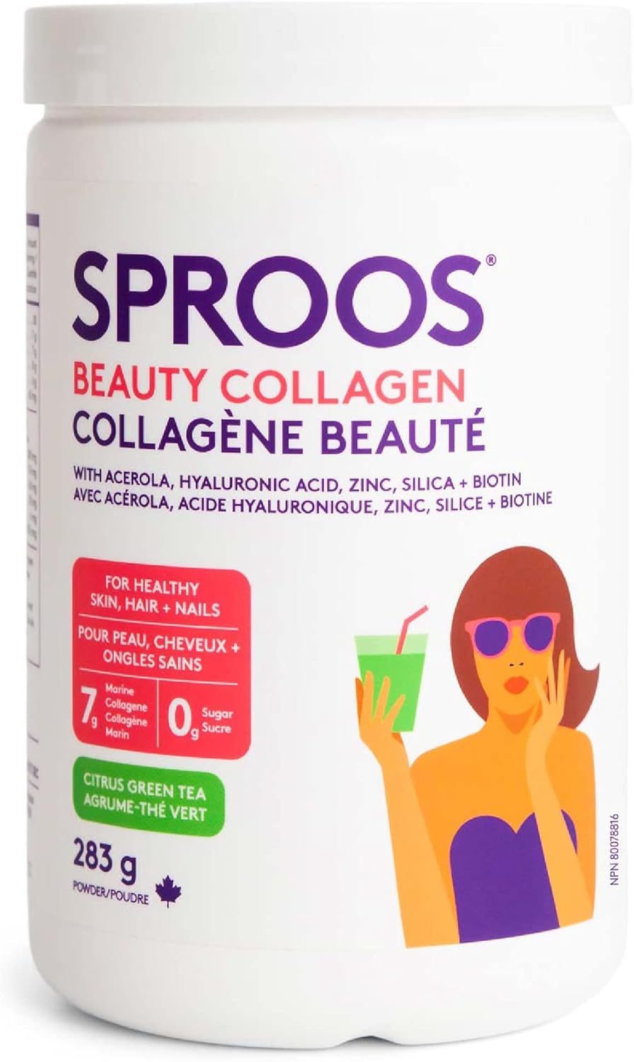 Sproos Beauty 膠原蛋白 | 水解膠原蛋白粉 + 生物素、透明質酸、鋅 | 增強型膠原蛋白肽粉,柑橘綠茶口味,桶裝,283 克