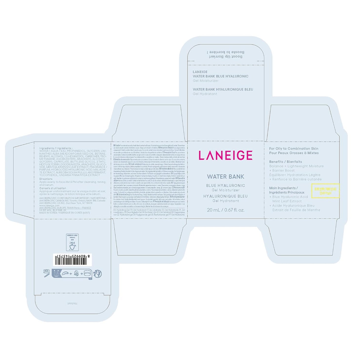 LANEIGE Water Bank Blue Hyaluronic Gel Moisturizer: Lightweight Hydrating Face Gel with Mint Extract, Hypoallergenic & Dermatologist-Tested