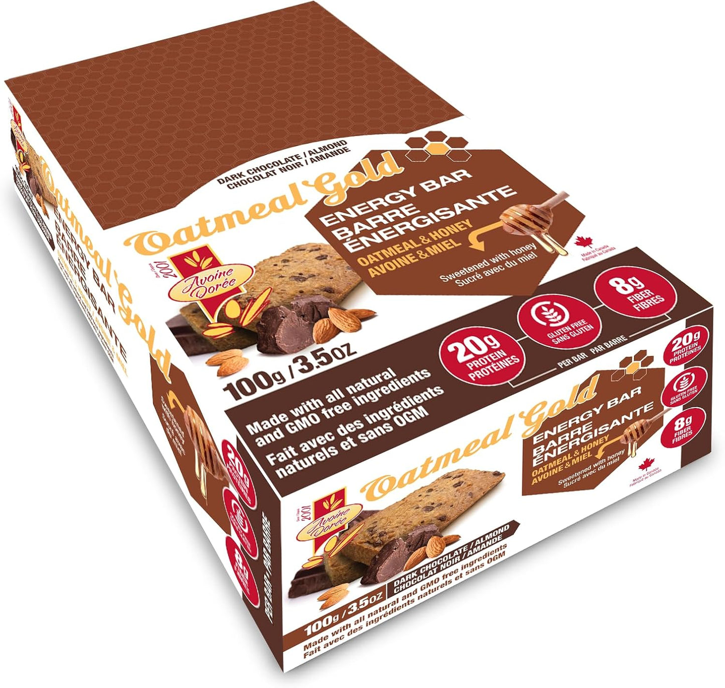 燕麦蜂蜜蛋白能量棒,无麸质零食,高纤维,黑巧克力杏仁,100克(12条)