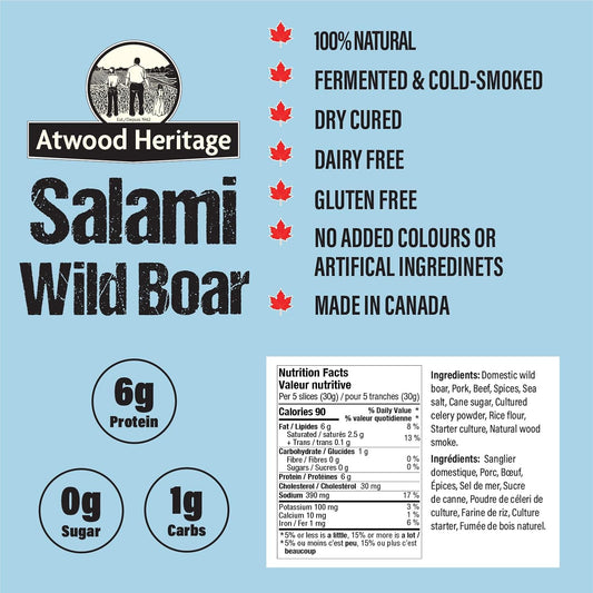 Atwood Heritage Wild Boar, Pork & Beef Sliced Salami, 125g, High-Protein, Gluten-Free, Nitrate-Free, Made in Canada