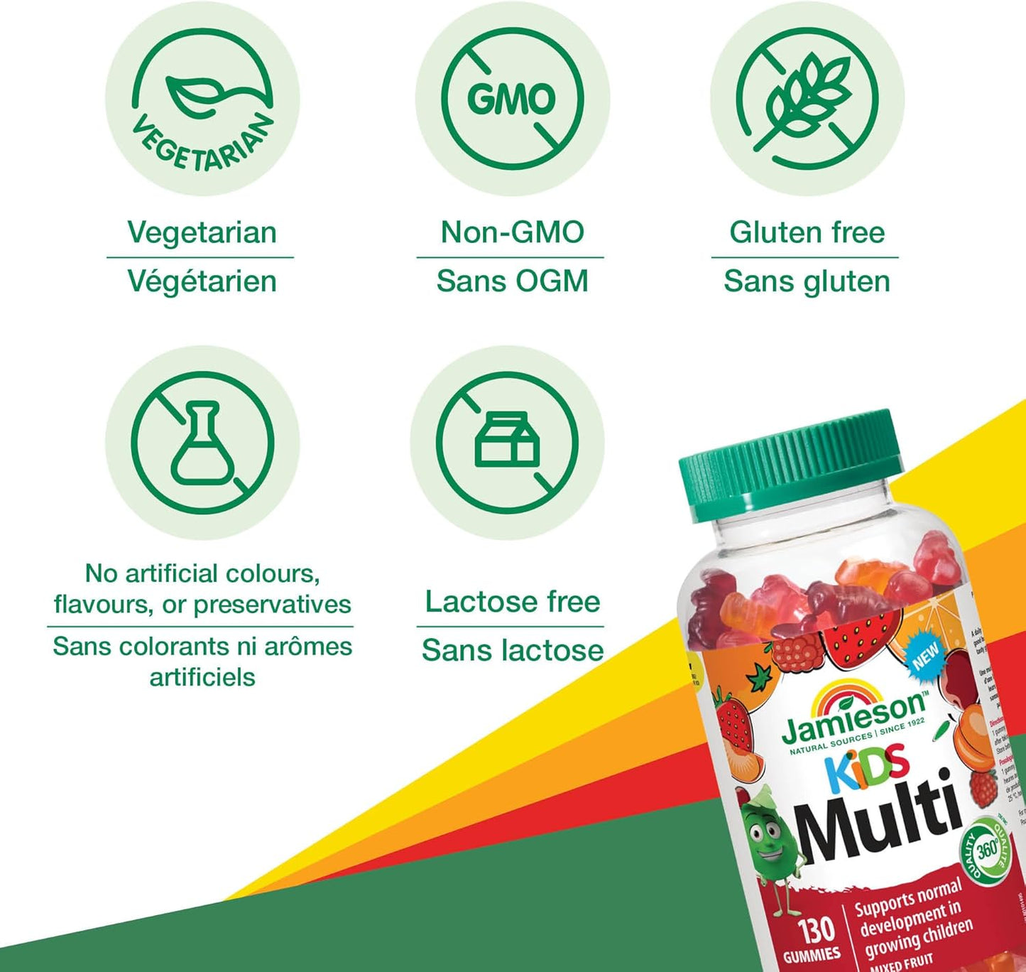 Jamieson 儿童复合维生素软糖,橙子、樱桃和覆盆子口味,促进生长发育,强健骨骼和牙齿。素食,非转基因,无麸质,无乳糖,无人工色素、香精或……
