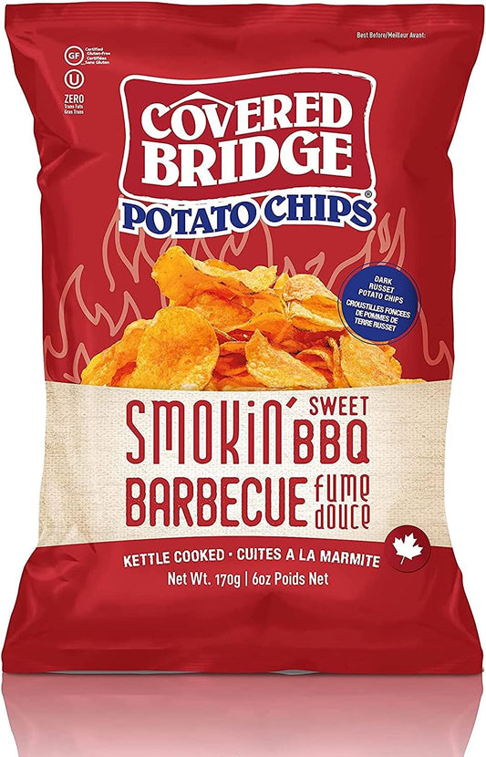 Covered Bridge Chips - 烟熏甜味烧烤薯片,170克装 - 无麸质,犹太洁食认证,采用深色赤褐色土豆烹制,加拿大制造,12片/170克装