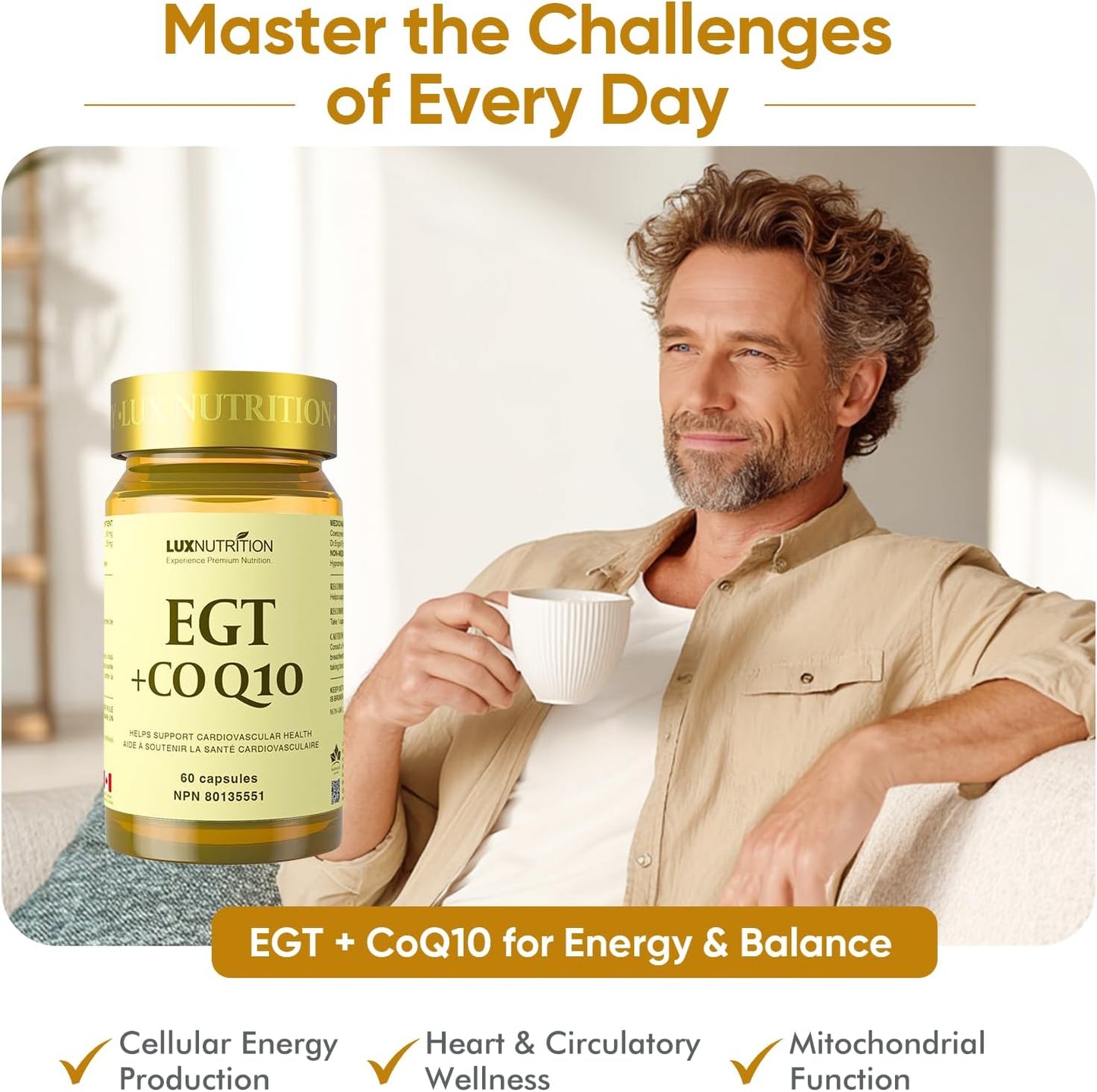 Lux Nutrition |EGT+CoQ10 50毫克,辅酶Q10 + 25毫克Dr.Ergo麦角硫因,心血管支持,细胞能量和线粒体功能 | 加拿大制造 | 60粒胶囊
