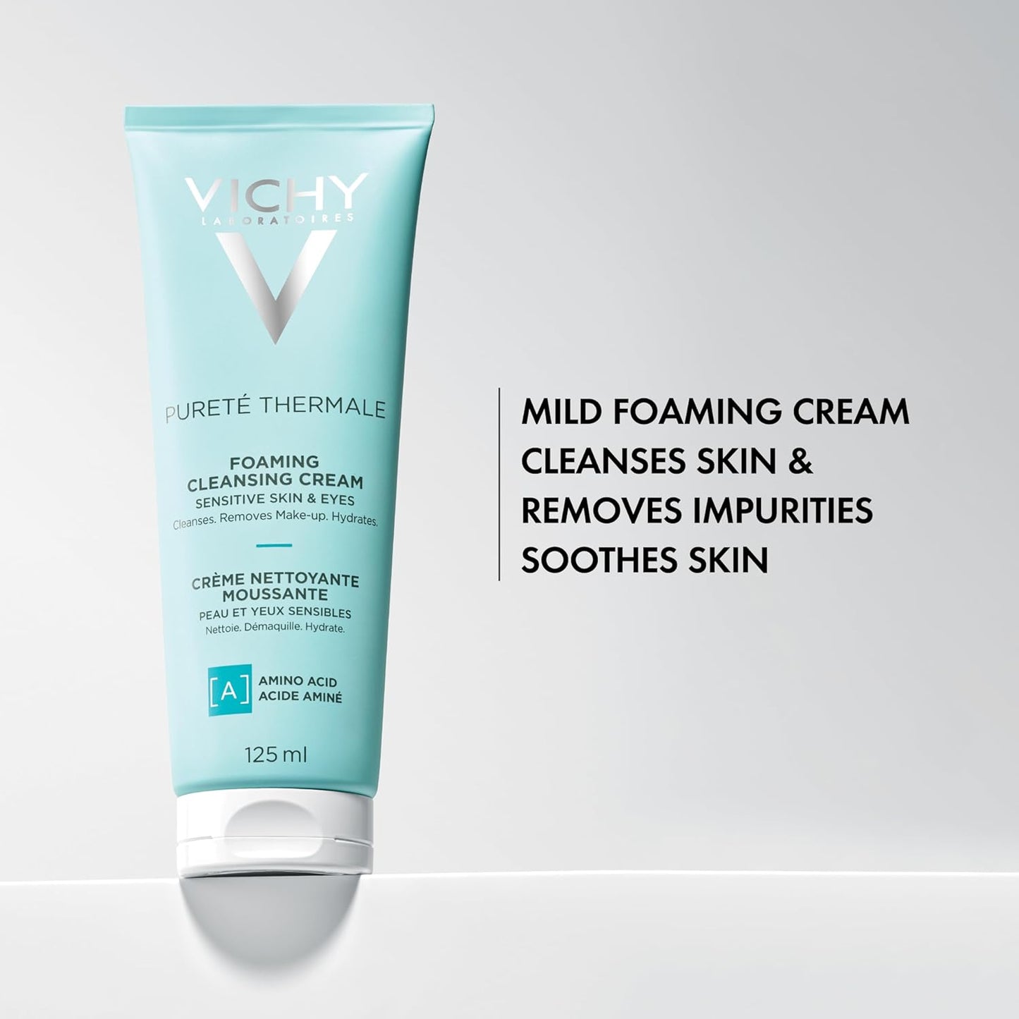 Vichy Foaming Face Cleanser, Pureté Thermale Hydrating Foaming Cream Face Wash & Makeup Remover for Normal Skin, with Vitmain B5, Hypoallergenic, Paraben-Free, 125mL