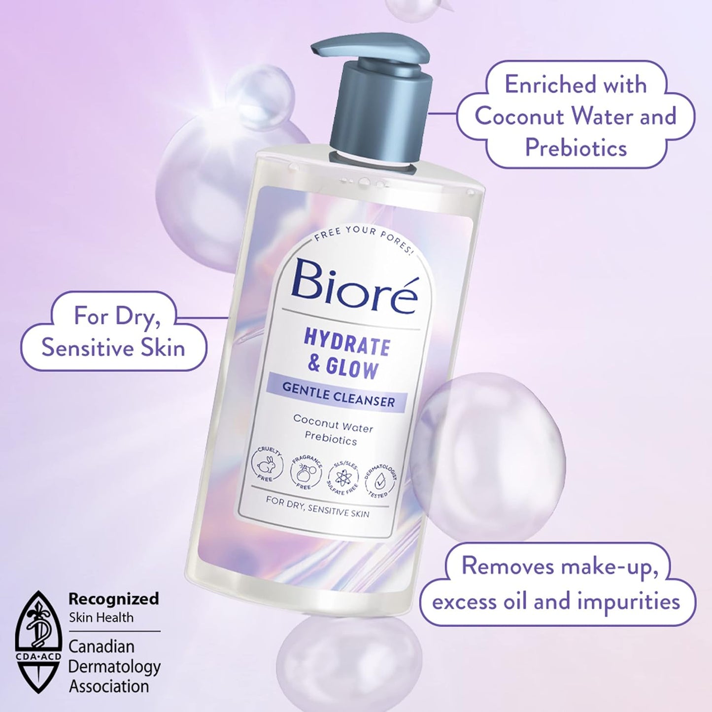 Bioré Hydrate & Glow 溫和潔面乳,適用於乾燥、敏感肌膚的保濕潔面乳,注入益生元和椰子水 | 經皮膚科醫生測試,無動物實驗,無香料,無 SLS/SLES 硫酸鹽(200 毫升)