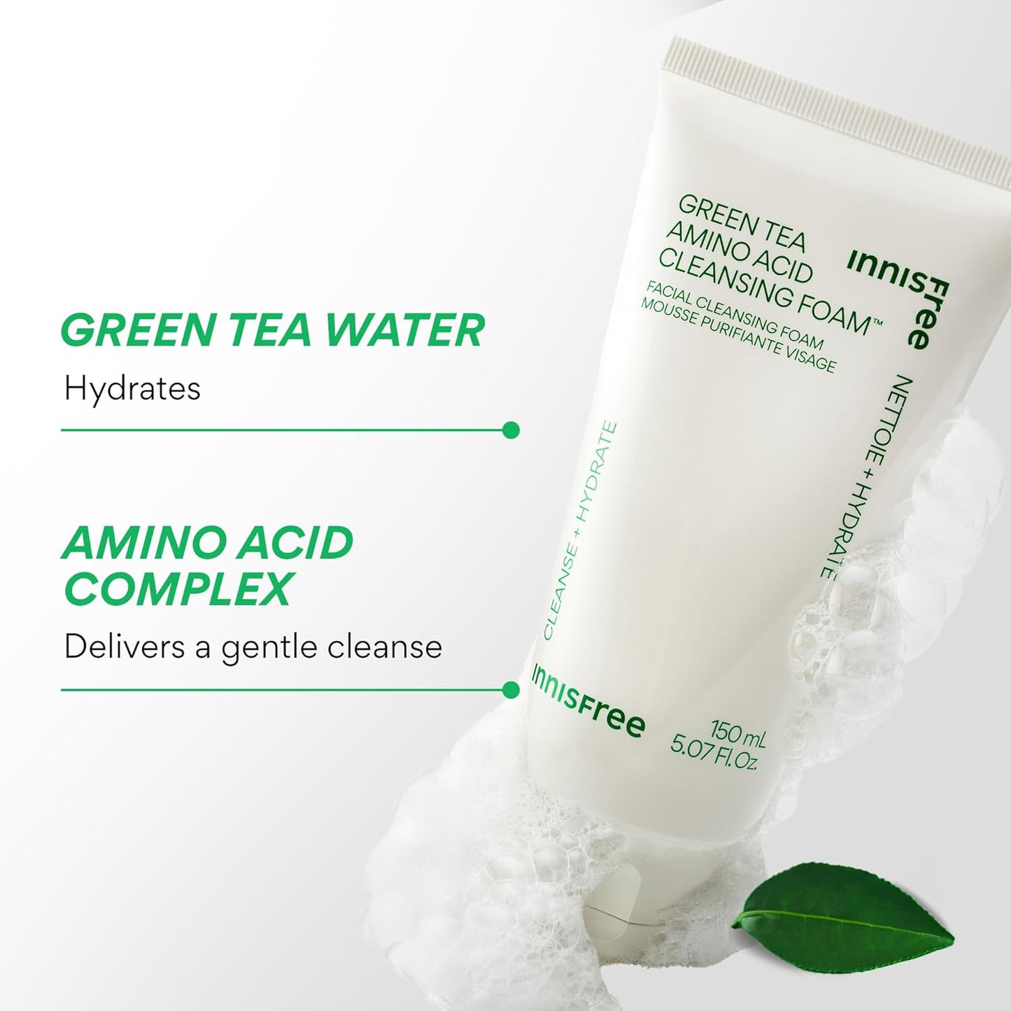 innisfree Green Tea Amino Acid Cleansing Foam, Sulfate-Free Hydrating Korean Face Wash, Gentle Lather, pH-Balanced Skincare