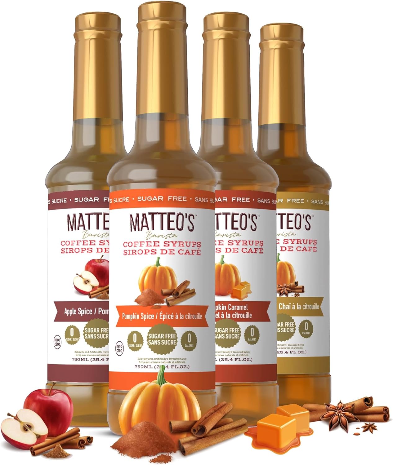Matteo's Barista Style 无糖咖啡糖浆 - 4 种口味 Harvest 混合装,无卡路里,适合生酮饮食的咖啡糖浆和口味,美味咖啡糖浆,适合居家和工作时饮用的咖啡糖浆 25.4 盎司