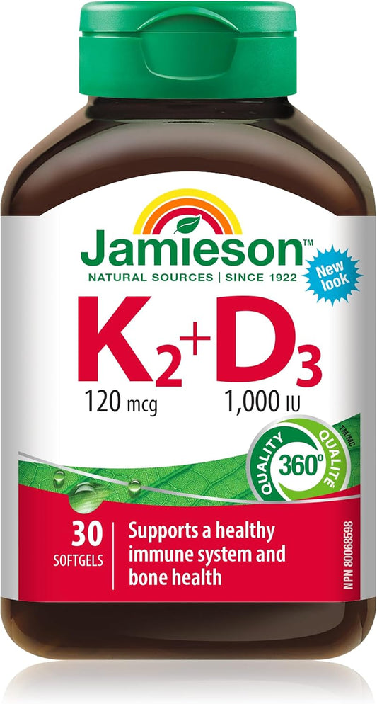 Jamieson 维生素 K 120 微克和维生素 D3 1,000 国际单位软胶囊,支持免疫健康,强健骨骼和牙齿。非转基因,无麸质,30 粒装,加拿大制造