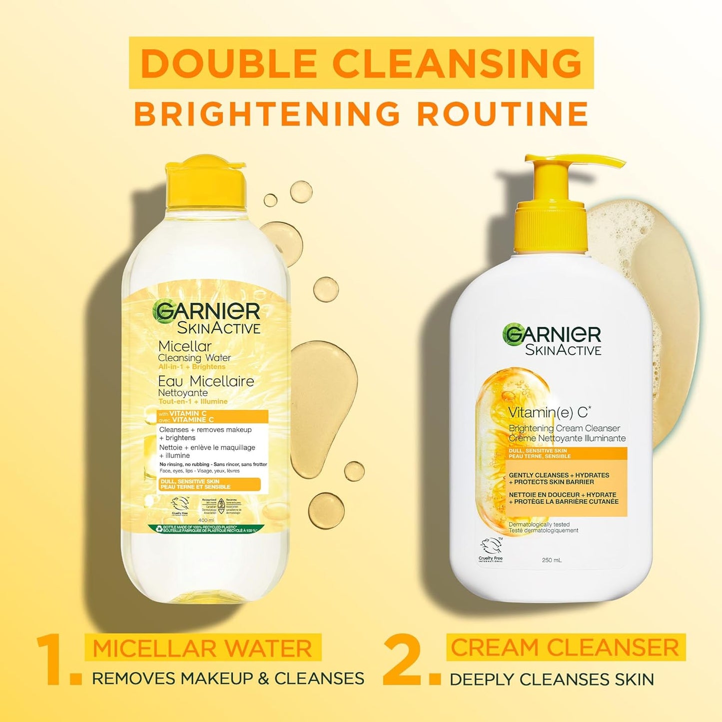 Garnier Vitamin C Cream Cleanser, Foaming Face Wash and Makeup Remover, Hydrates and Brightens Skin, Formulated With Glycerin, Without Sulfates, Dermatologically Tested, For Men and Women, 250ml