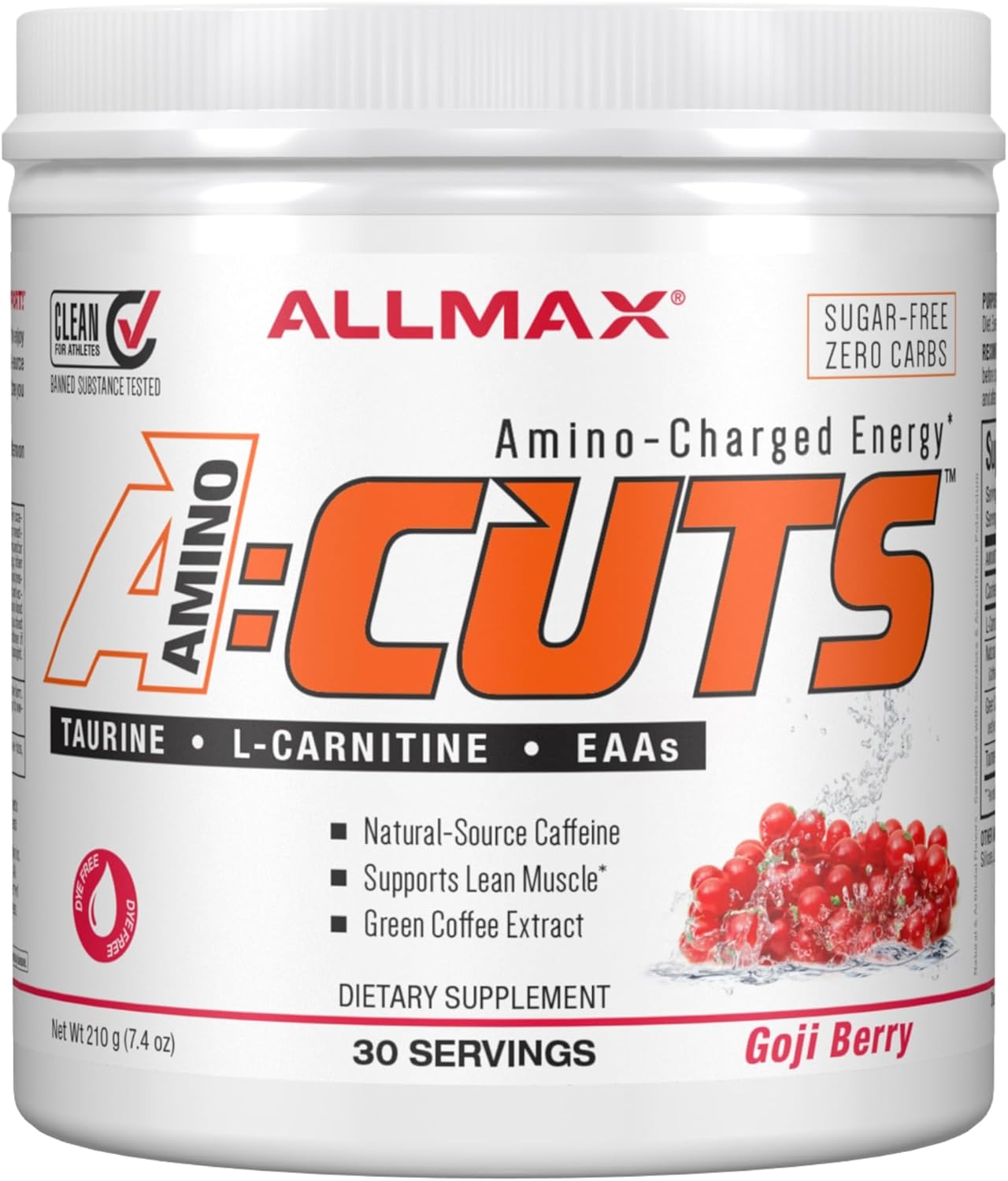 ALLMAX Nutrition ACUTS - 含牛磺酸和 AMINOCUTS 的氨基酸粉补充剂 (A:CUTS) - 体重管理 BCAA(左旋肉碱 + 牛磺酸 + 绿咖啡)- 枸杞 - 252 克 - 36 份